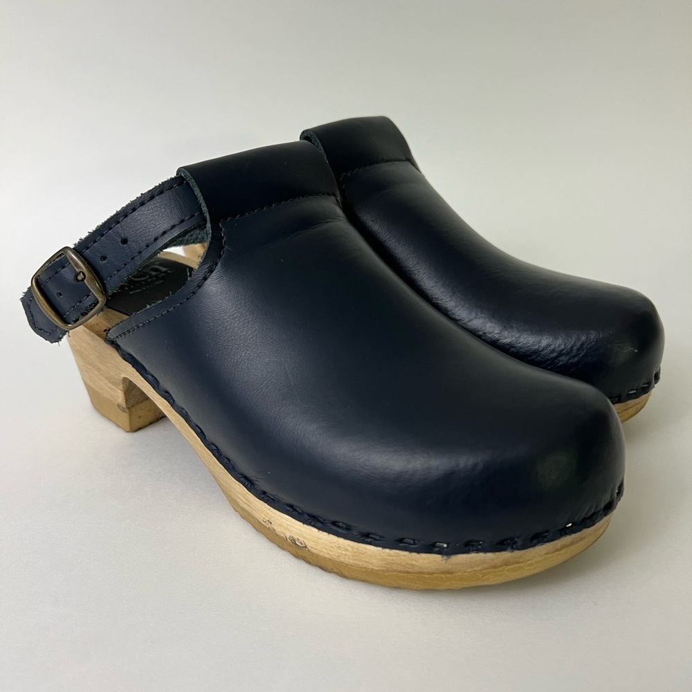 Sven Halter Top Clogs - Mid Heels, Navy, Women’s EUR 38 (US Women’s 7.5-8)